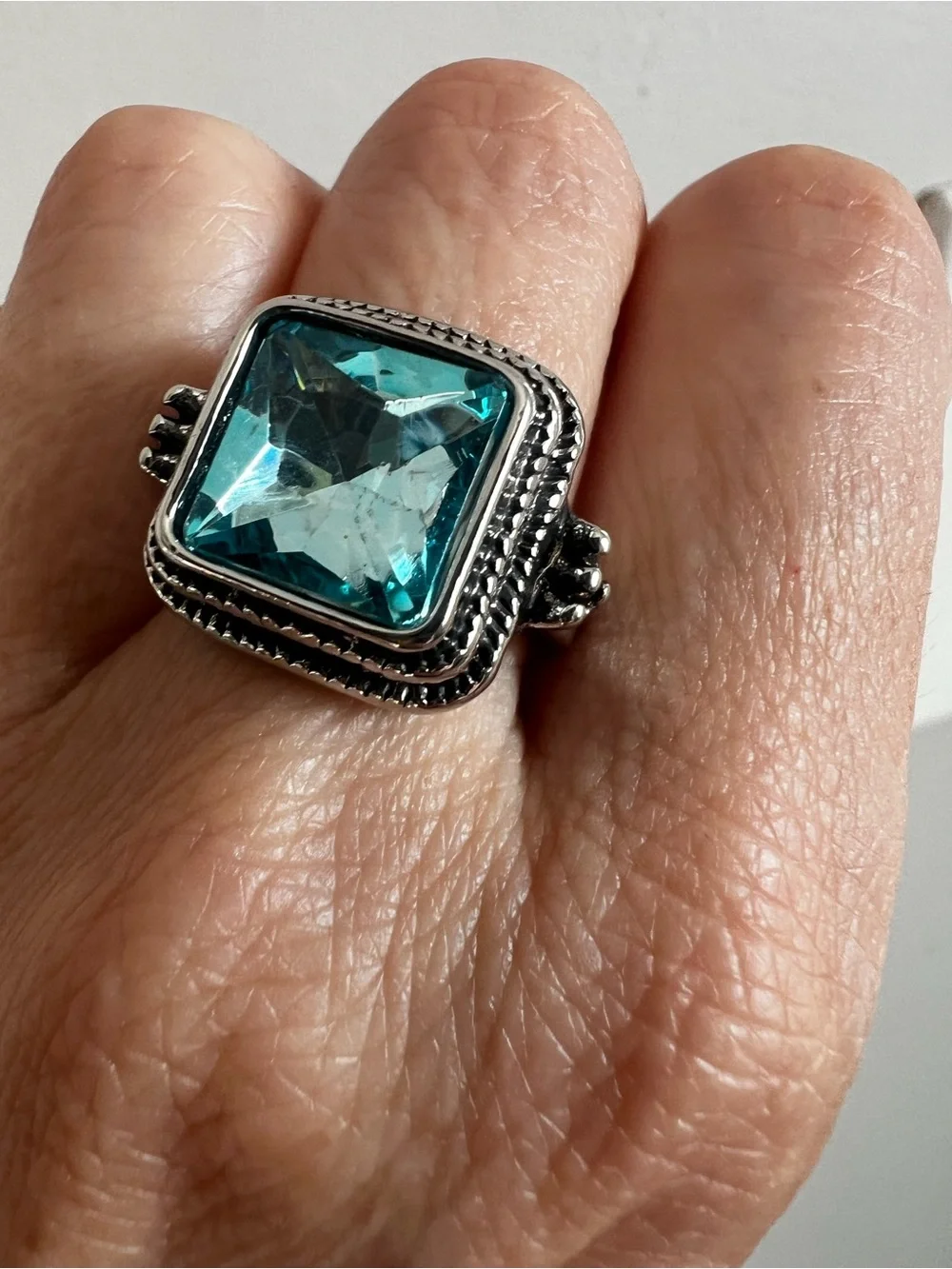 Sterling Silver Ring with Square Aqua Blue Gemstone
